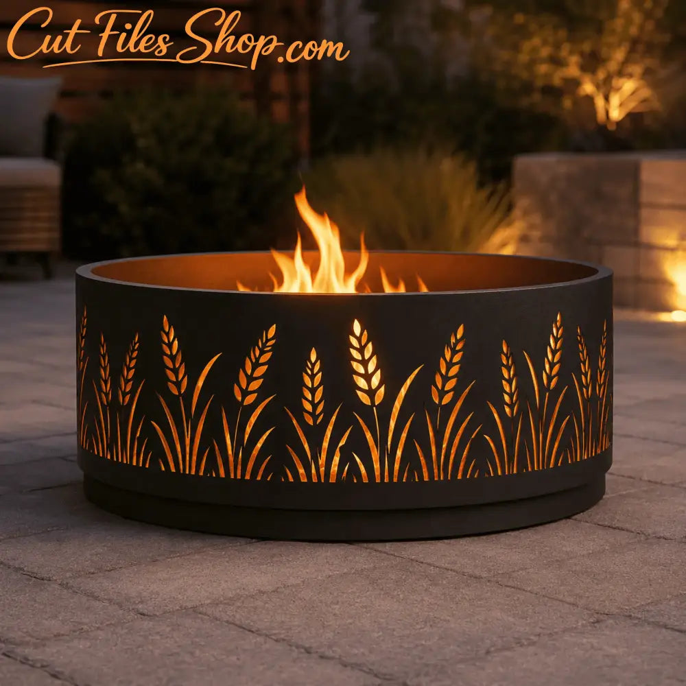 Round steel fire pit featuring a laser-cut wildflower pattern