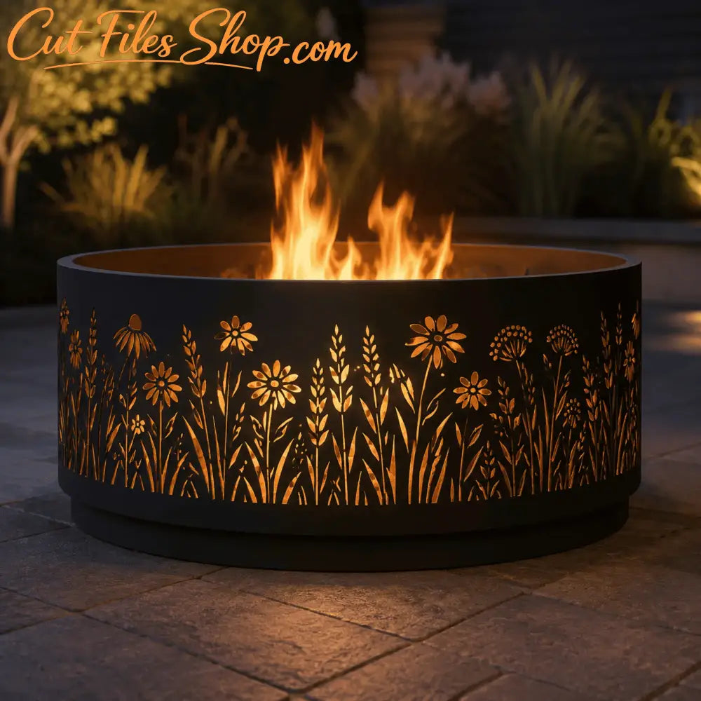 Floral scroll laser cut insert installed in a modern metal FIRE PIT
