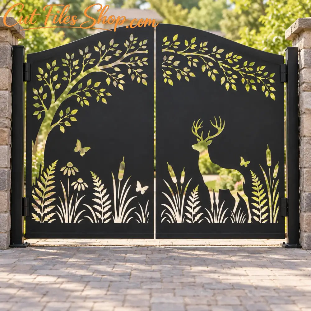 Black metal deer garden gate with laser-cut tree, butterflies and woodland plants installed between stone pillars.