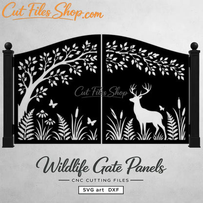 Two-panel deer garden gate DXF design with tree branches, butterflies, flowers, ferns and cattails.
