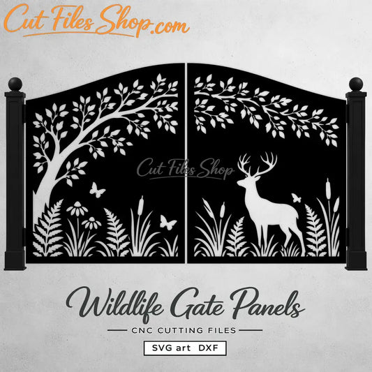 Two-panel deer garden gate DXF design with tree branches, butterflies, flowers, ferns and cattails.
