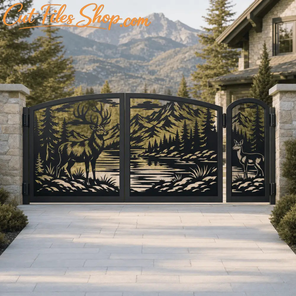 Double metal gate SVG and DXF files featuring a continuous wildlife landscape.