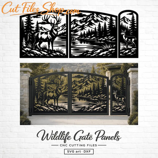 Deer driveway gate design with a stag, pine forest, mountains and lake.