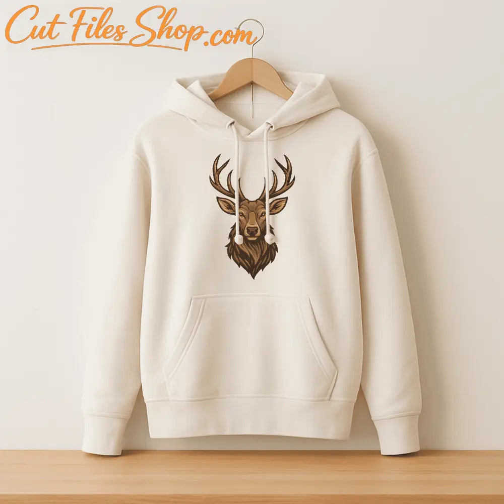 Machine embroidery deer head design for jackets, hoodies, and tote bags