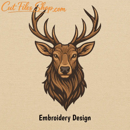 Stag embroidery applique showing shades of brown thread and fine stitch details