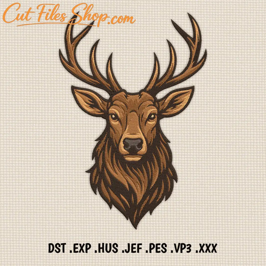 Deer head embroidery design with detailed antlers and realistic stitching, Dst Exp Hus Jef Xxx files