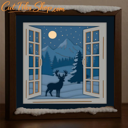 Layered shadow box template of deer, mountains, and pine trees