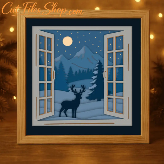Deer in winter mountains 3D shadow box layered SVG DXF PDF EPS