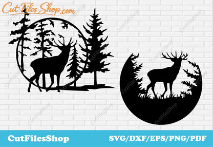 Deer scene dxf files, clip art download, animals scene dxf, svg images for cricut, animals scene svg, forest scene dxf, Download Deer scenes dxf designs, Collection DXF Animals scenes for cnc plasma cut, Metal Cutting Files, Vector Images for T Shirt Designs