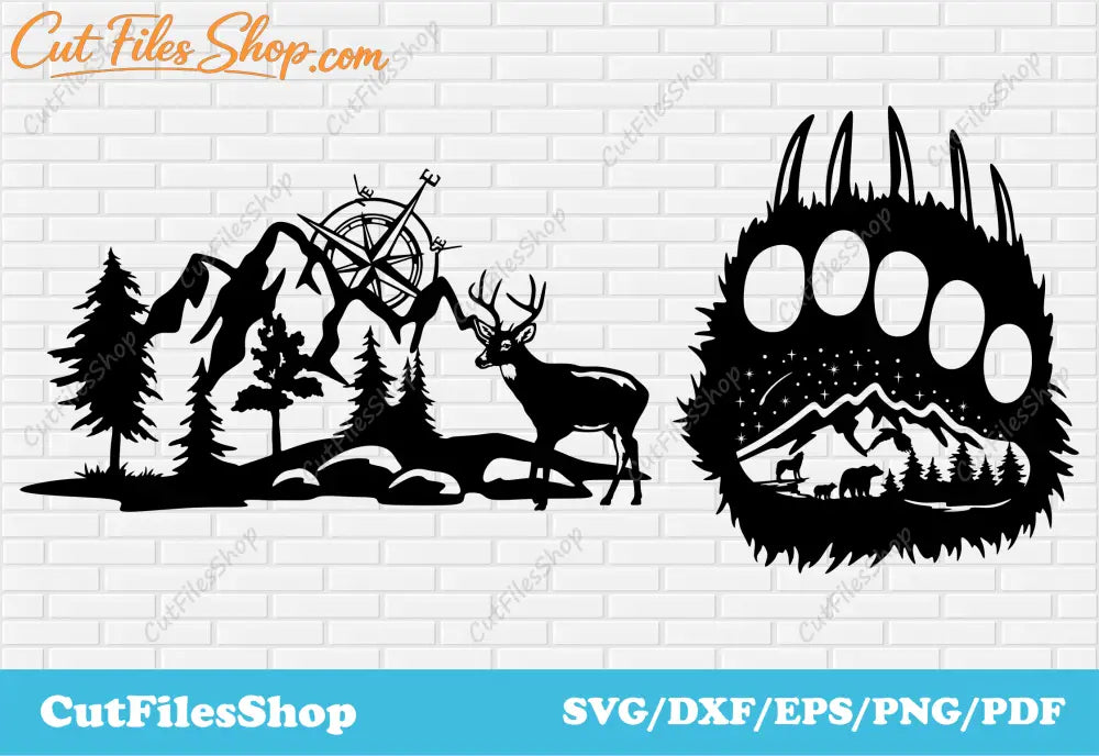 Deer scene dxf for laser cutting, bear paw dxf for plasma cut, cnc files for cutting, animals scenes dxf, decor dxf for metal cut, Cut Files Shop, bear scene dxf, dxf for cnc cutting machines, plasma cnc cut, deer scene dxf, beautiful nature dxf, paw bear dxf cut file, svg nature scene