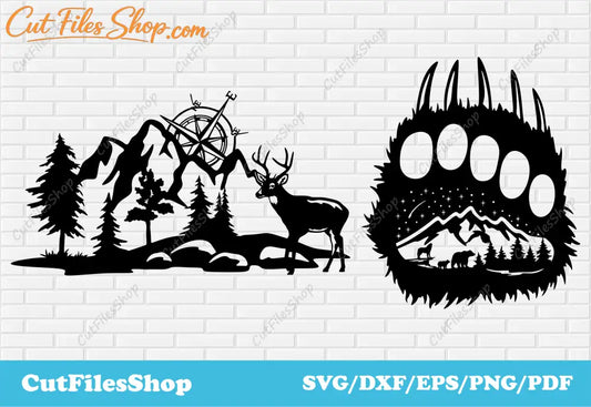 Deer scene dxf for laser cutting, bear paw dxf for plasma cut, cnc files for cutting, animals scenes dxf, decor dxf for metal cut, Cut Files Shop, bear scene dxf, dxf for cnc cutting machines, plasma cnc cut, deer scene dxf, beautiful nature dxf, paw bear dxf cut file, svg nature scene
