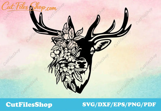 Deer with flowers vector, dxf files for laser, svg for cricut, silhouette files
