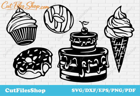 Desserts vector, cupcake svg for cricut, ice cream svg, cake svg, dxf for wall art, svg for postcard, svg for birthday, cupcake png files, dxf bundles, svg art bundles, vector for t shirt, cnc cutting designs
