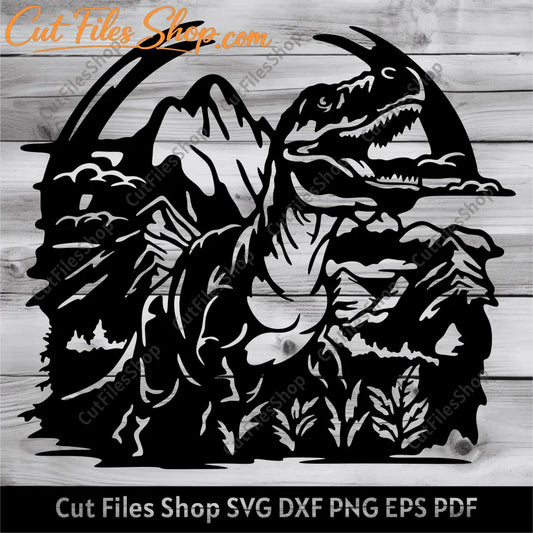 Dinosaur Scene Dxf for Laser, T Rex Svg, Dinosaur Scene Svg for Cricut, Nature scene svg, mountains scene svg, dxf for wall decor, wood decor dxf, cnc cut files, sublimation svg, png for heat pressing, prehistoric era scene svg, t rex dxf, t rex for t-shirt, dxf files download free, Tyrannosaurus rex svg