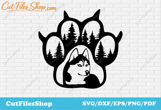 Dog paw dxf for laser cutting, Svg for cricut, Dxf for Plasma cut, husky svg, husky dxf, dog svg, forest dxf, shirts svg art, husky art png, husky for shirt, paw dog svg, cut files shop