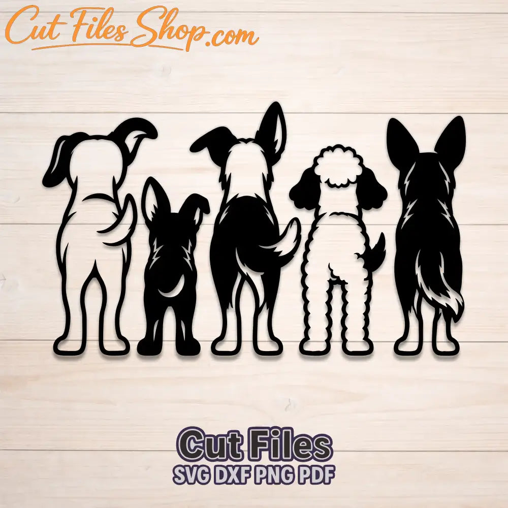 Dogs From Behind SVG cut files showing silhouettes of five different dogs viewed from the back for Cricut and laser cutting