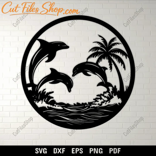 Dolphin round ocean scene SVG DXF PNG for CNC laser cutting