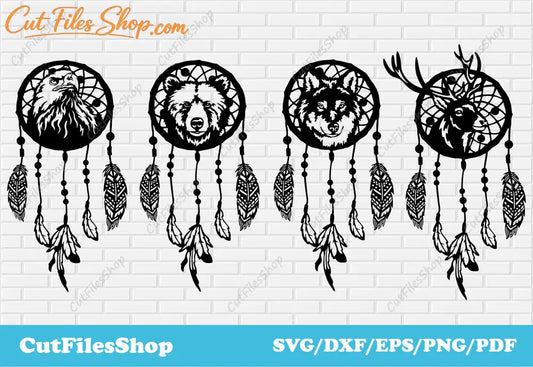 Dream catchers svg cutting files for cricut, animals cnc designs, vector for t-shirt, dxf for engraver, animals art dxf, eagle dxf files, bear art dxf, wolf dream catchers dxf, deer art svg for cricut, feathers svg files, digital design, cnc cutting design