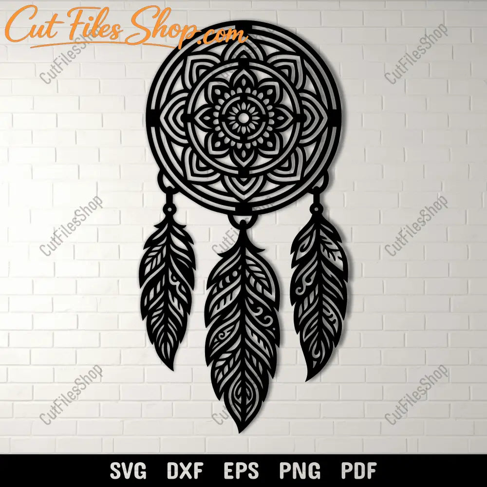 Dreamcatcher mandala SVG DXF design with feathers for CNC and laser