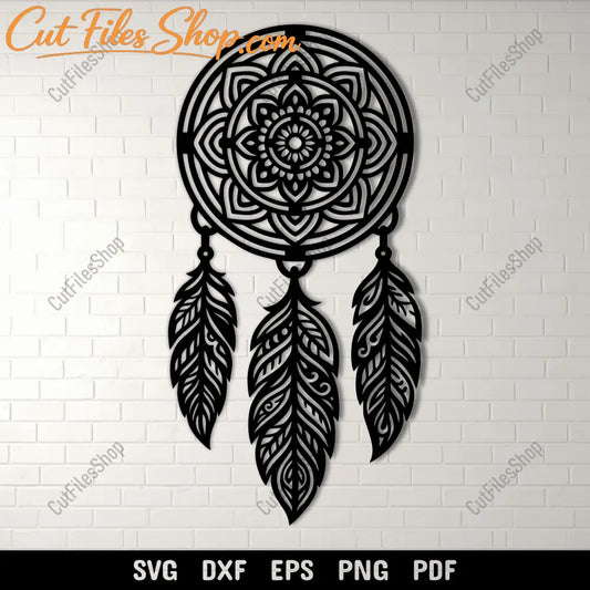 Dreamcatcher mandala SVG DXF design with feathers for CNC and laser