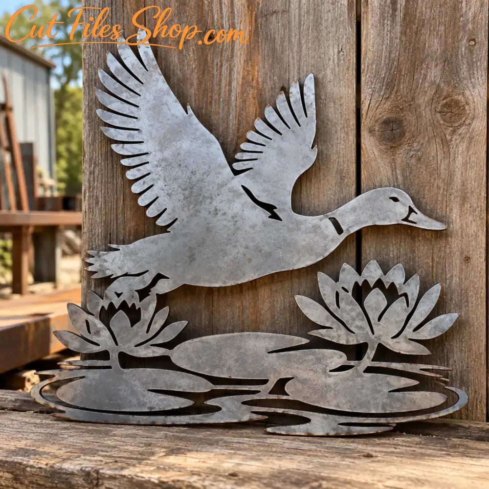 Duck couple swimming among wetland plants, decorative SVG DXF silhouette for CNC and laser cutting.