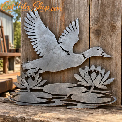 Duck couple swimming among wetland plants, decorative SVG DXF silhouette for CNC and laser cutting.