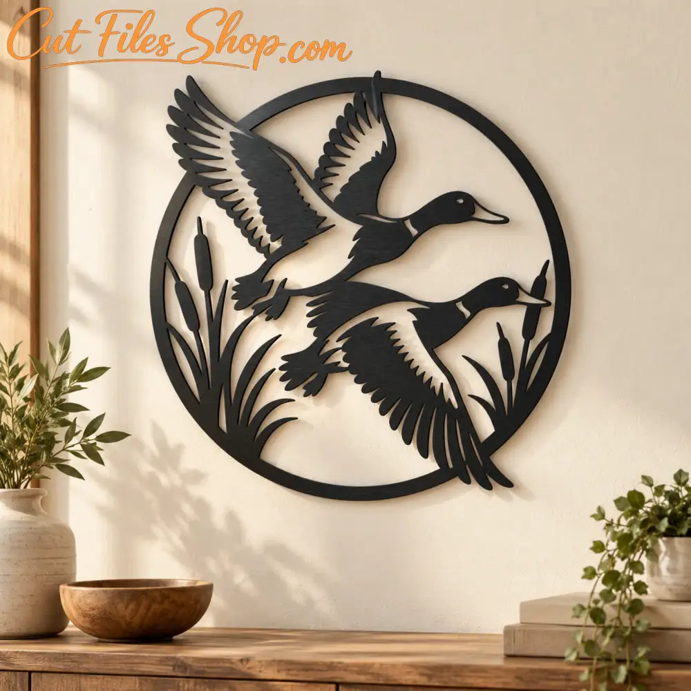 Duck DXF SVG bundle featuring four black waterfowl silhouette designs, including flying ducks, landing duck, water lilies and swimming ducks.