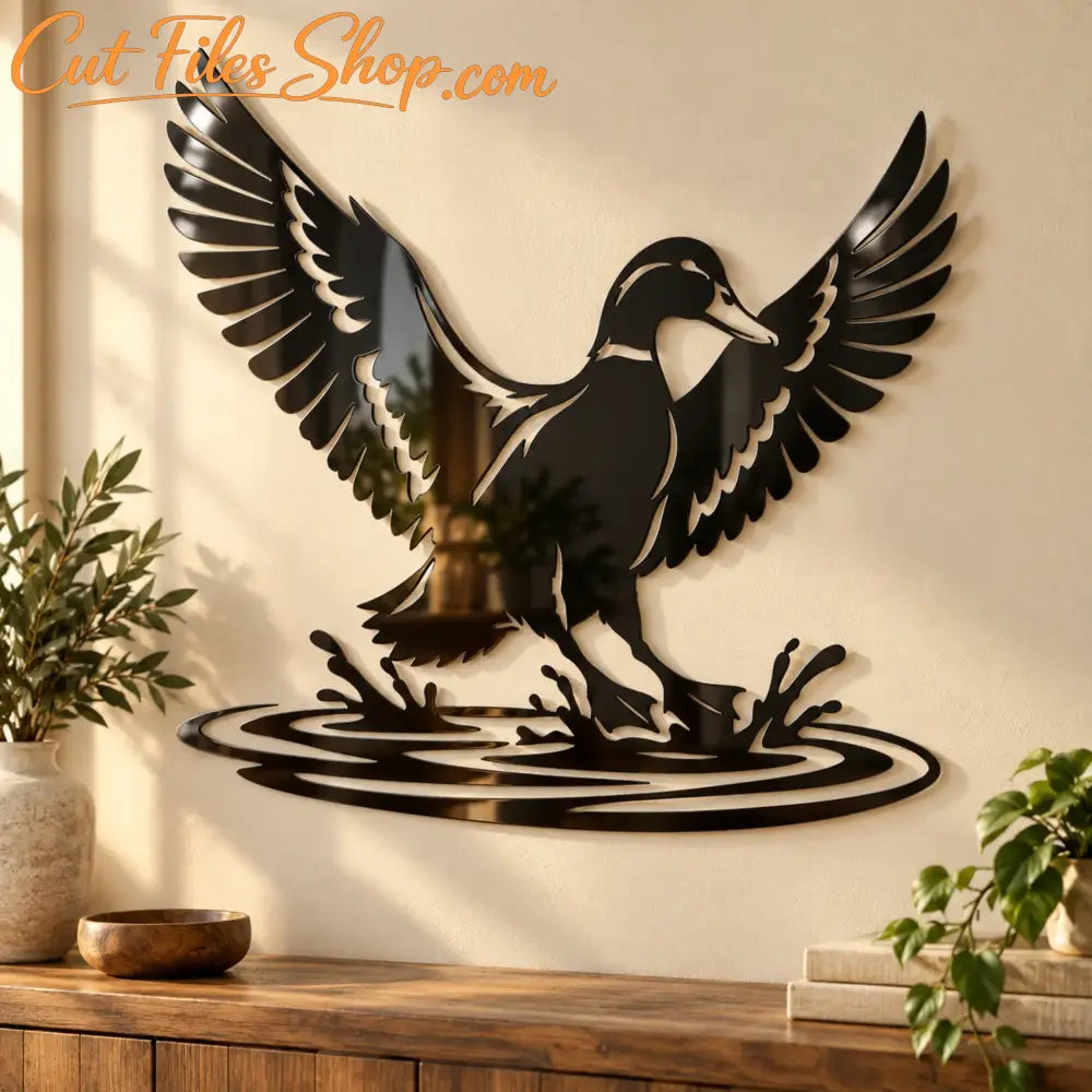 Waterfowl DXF cutting artwork showing a flying duck over blooming pond flowers and water.