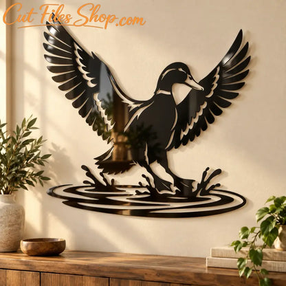 Waterfowl DXF cutting artwork showing a flying duck over blooming pond flowers and water.