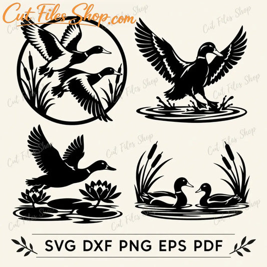 Circular duck hunting DXF artwork featuring two ducks in flight among reeds for CNC plasma and laser cutting.