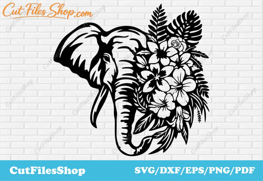 Elephant with flowers svg cut file for cricut, Dxf for cnc laser cutting, svg shirts designs, Elephant svg dxf, Cut files shop, flowers svg dxf, flowers shirts designs vector, download vector images, cnc files for cutting, plasma dxf files, svg art, dxf scene, animals scene dxf, animals art