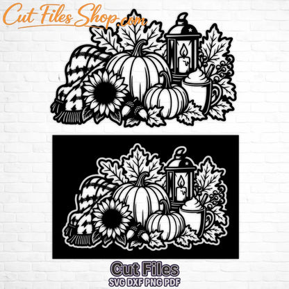 Fall pumpkin laser cut panel with sunflower, lantern, autumn leaves and cozy seasonal decor.