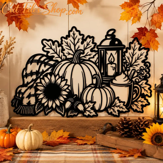 Fall pumpkin SVG DXF laser cut design with sunflower, lantern and autumn leaves