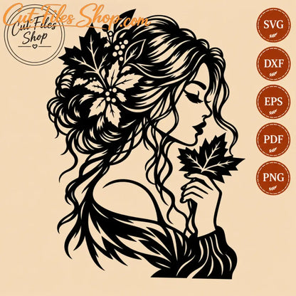 Fall woman SVG DXF with maple leaves, elegant autumn girl silhouette cut file for Cricut, laser cutting and CNC projects.