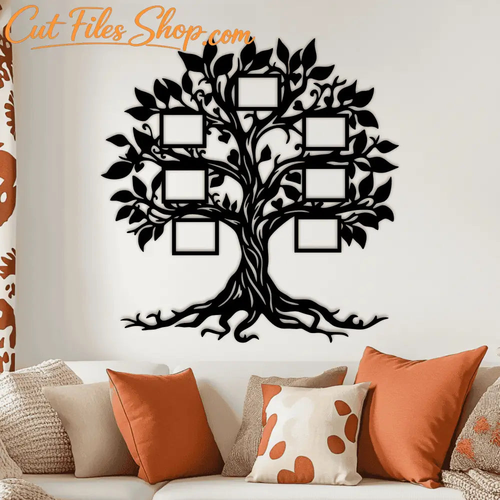 Wooden family tree wall decor with 7 photo slots