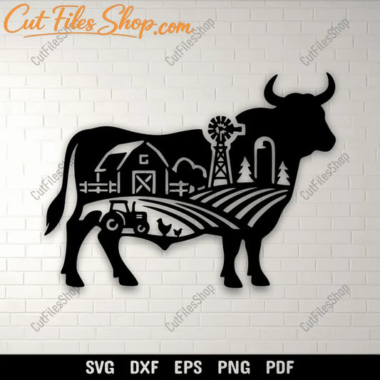 Farm bull scene SVG DXF PNG for CNC laser cutting