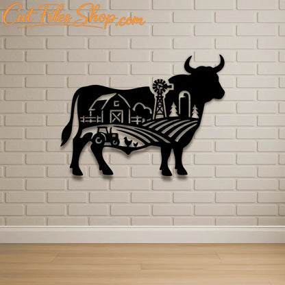 Cow silhouette with barn and tractor design for Cricut