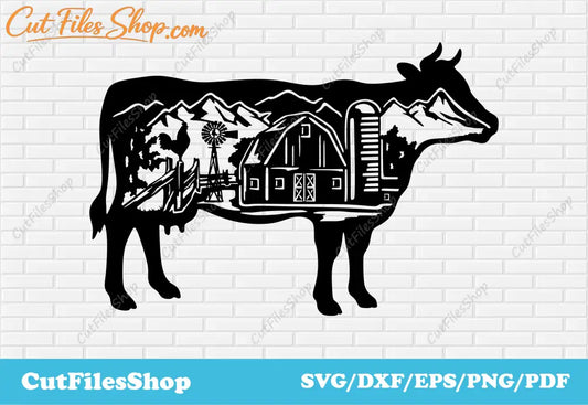 Farm scene dxf, Svg for vinyl cutting, dxf for laser cut, svg for cricut, dxf for metal,  farm animals scene dxf, cow dxf, metal dxf, clip art dxf, cow scene dxf, cow png, cow svg, vector images, Dxf for milling, Dxf for decor making, dxf for metal cutting, dxf for wood cutting