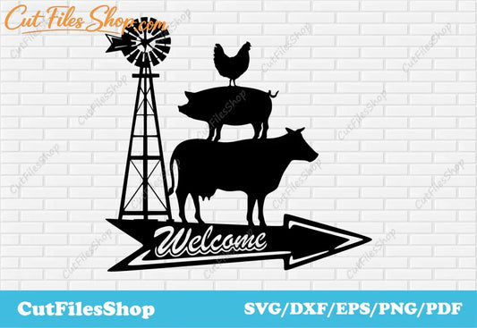 Farm welcome dxf svg, vane dxf for laser cutting, DXF for cnc, plasma cutting files, svg for cricut, welcome dxf, cow scene dxf, pig scene dxf, chicken scene dxf, vane svg, welcome for laser cut, vane dxf, farm scene dxf, farm animals scene dxf