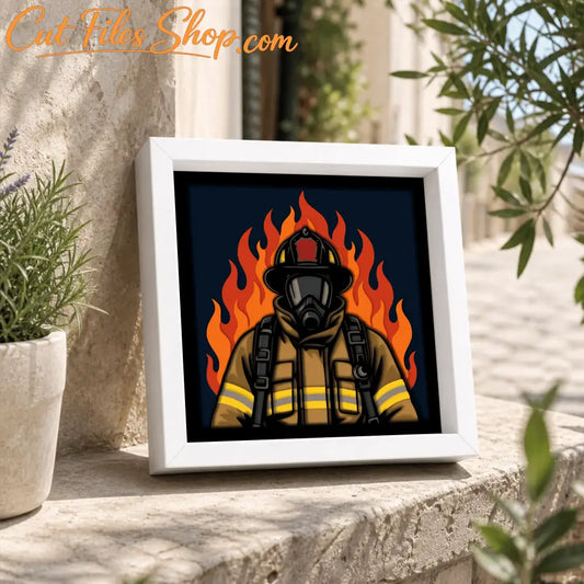 Firefighter shadow box SVG displayed inside a black square frame