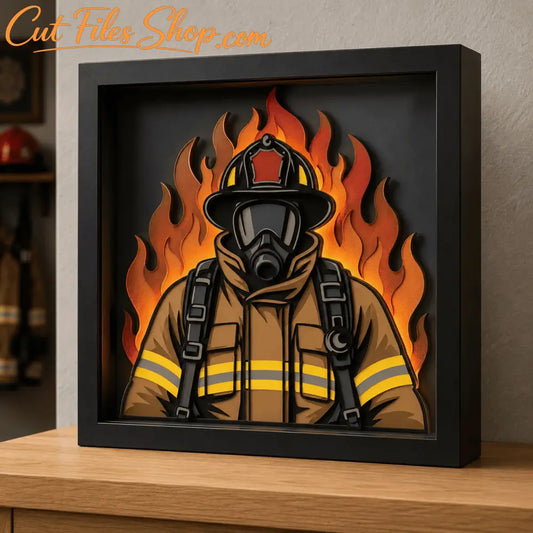 Realistic firefighter 11-layer shadow box with illuminated flames