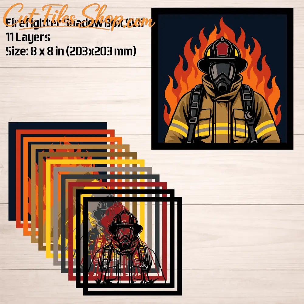 Layered firefighter paper-cut design with helmet and breathing mask