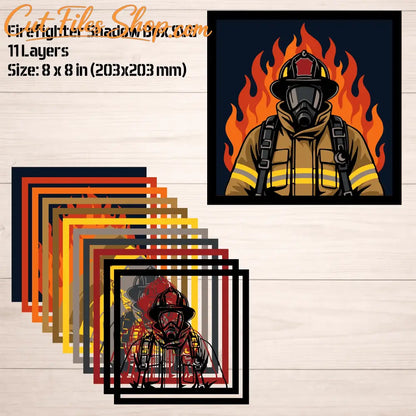 Layered firefighter paper-cut design with helmet and breathing mask