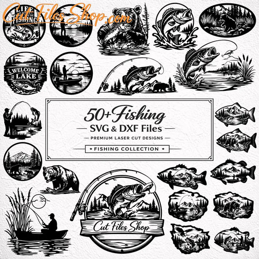 Fishing SVG DXF Bundle with 50 plus fishing designs for CNC plasma laser cutting Cricut and lake house decor