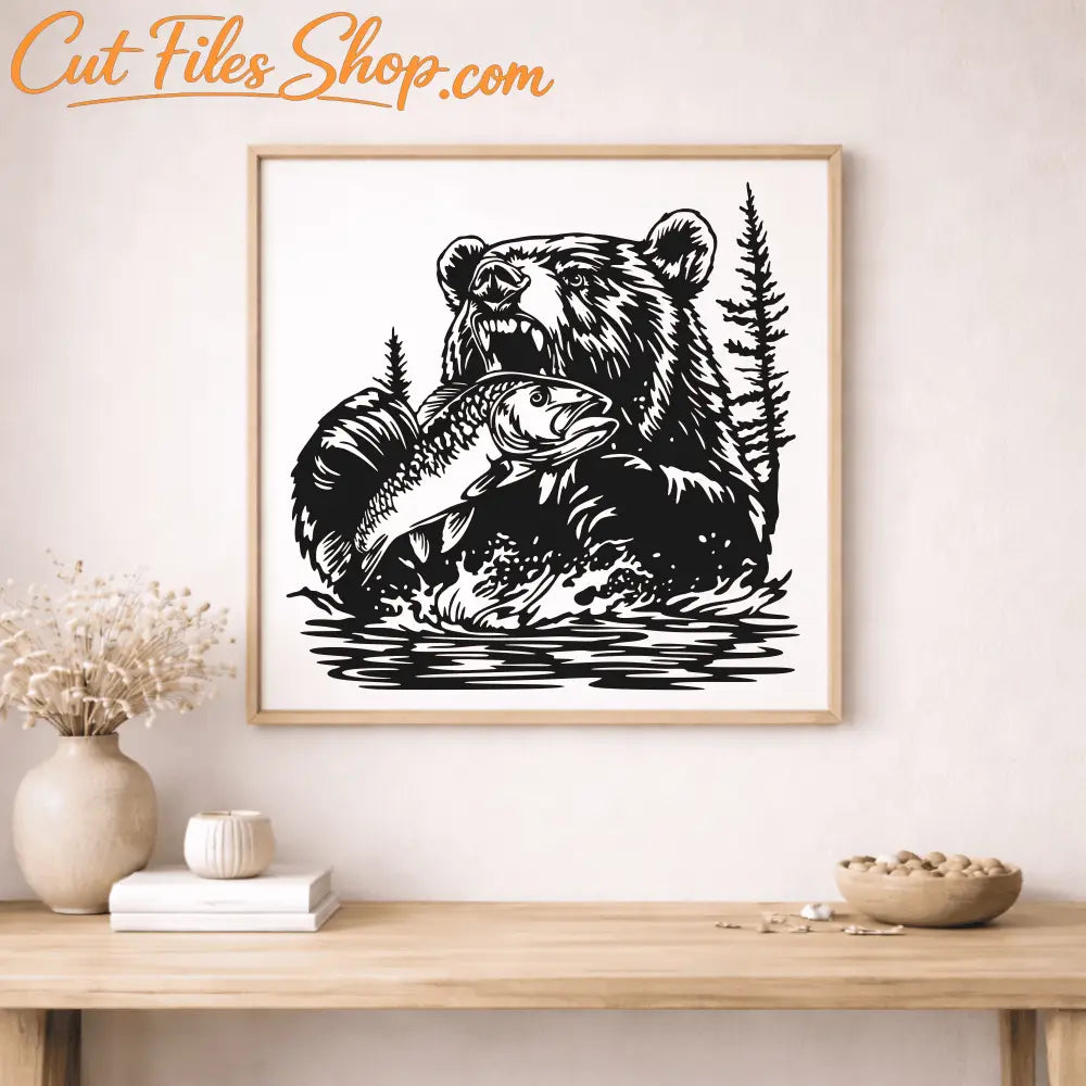 Bear Fishing wall art DXF files for CNC plasma cutting