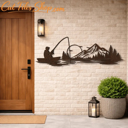 Fisherman silhouette lake scene SVG