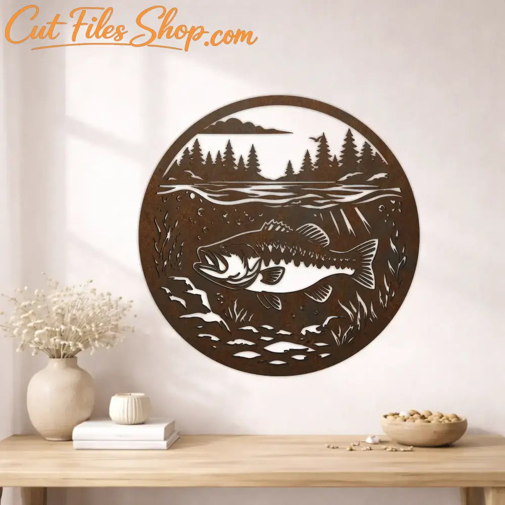 Bass fish DXF file with mountain lake scene