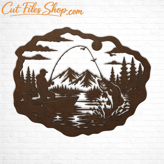 Bass fish DXF file with mountain lake scene