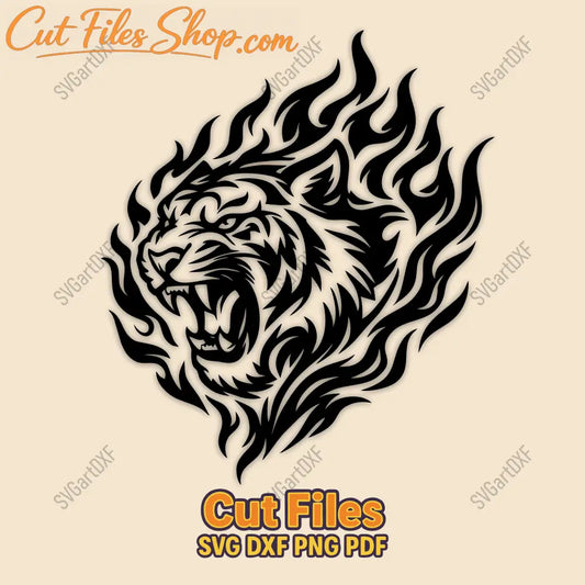 Flaming tiger head SVG DXF in tribal style for CNC laser cutting
