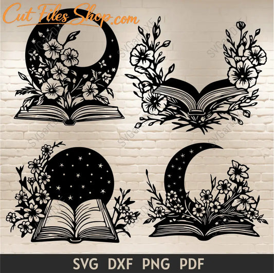 Floral book SVG bundle with four open book, flower, star, and crescent moon cut file designs.